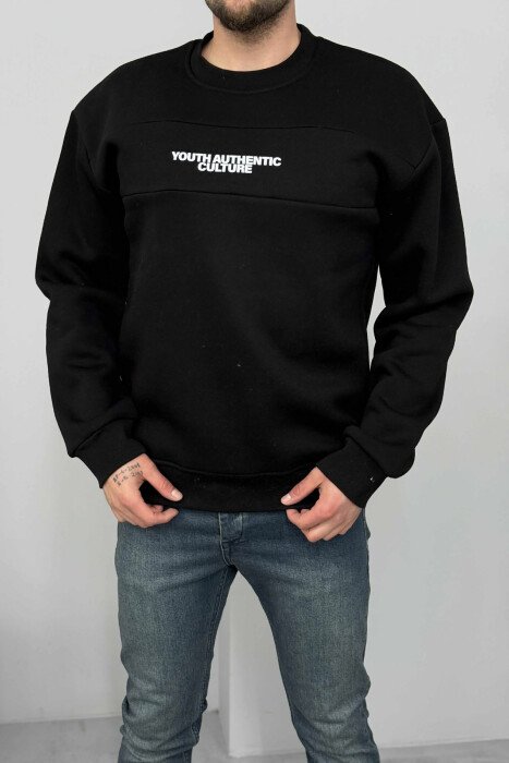 FLUFFY ROUND NECK FRONT WRITTING MEN SWEATSHIRT BLACK/ E ZEZE 