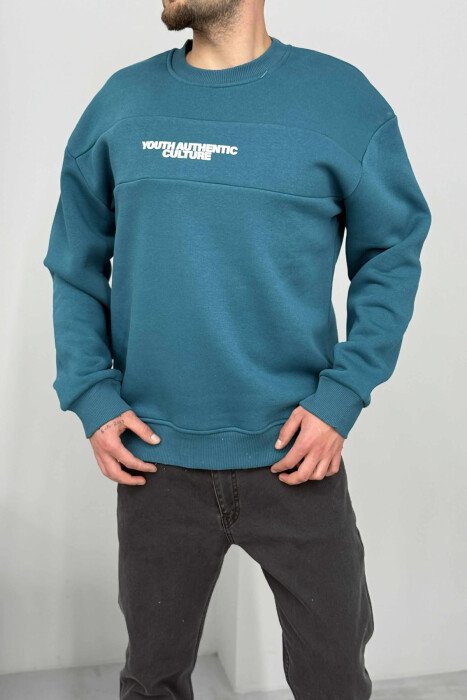 FLUFFY ROUND NECK FRONT WRITTING MEN SWEATSHIRT BLUE STONE/GK 