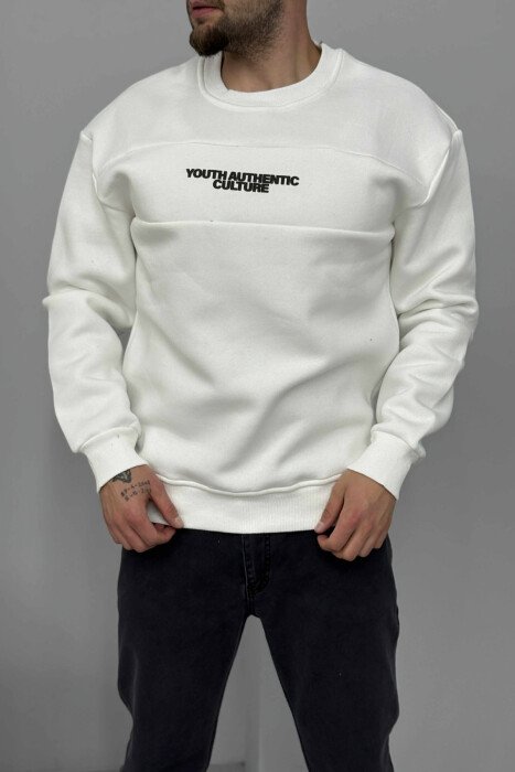FLUFFY ROUND NECK FRONT WRITTING MEN SWEATSHIRT WHITE-E BARDHE - 