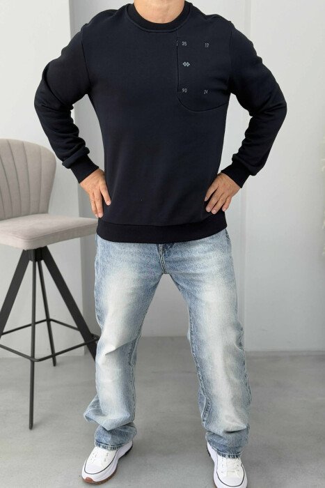 FLUFFY ROUND NECK ONE COLOR MEN SWEATSHIRT DARK BLUE/BEE - 2