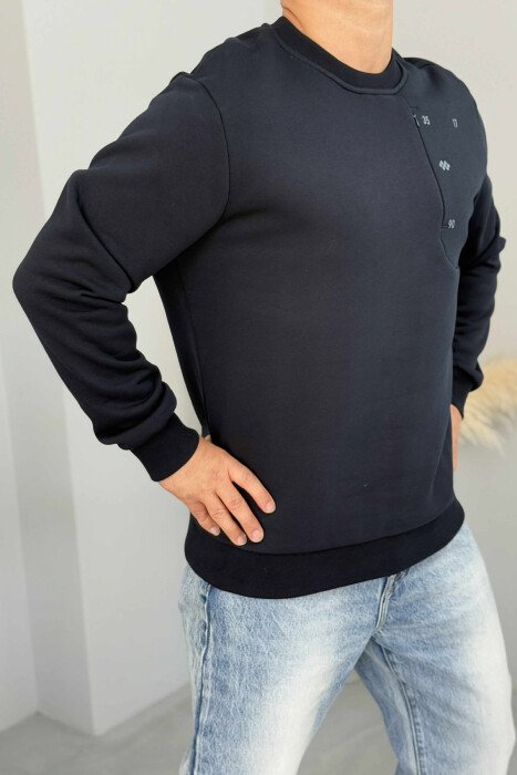 FLUFFY ROUND NECK ONE COLOR MEN SWEATSHIRT DARK BLUE/BEE - 1