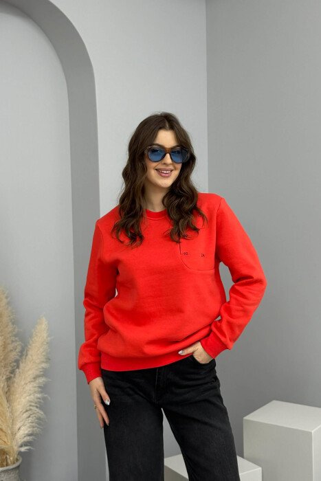 FLUFFY ROUND NECK ONE COLOR WOMEN SWEATSHIRT ORANGE/PORTOKALLI - KLAUDIO FASHION