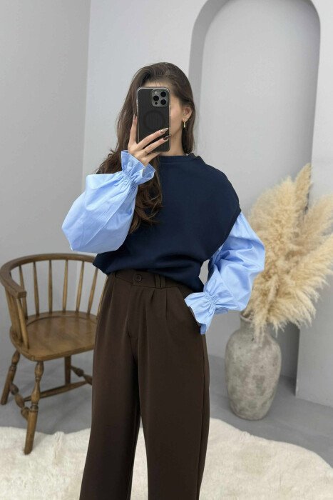 FLUFFY ROUND NECK SIMPLE WOMEN SWEATSHIRT BLUE/BLU - 2