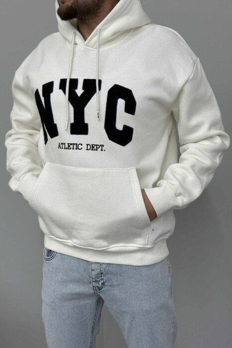 FLUFFY SIMPLE NYC FRONT LOGO MEN HOODIE WHITE-E BARDHE - 2