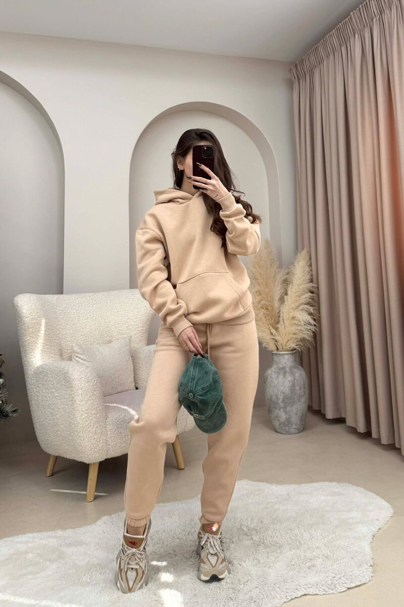 FLUFFY SIMPLE ONE COLOR HOODIE+JOGGERS WOMEN SET BEIGE/BEZHE - 1
