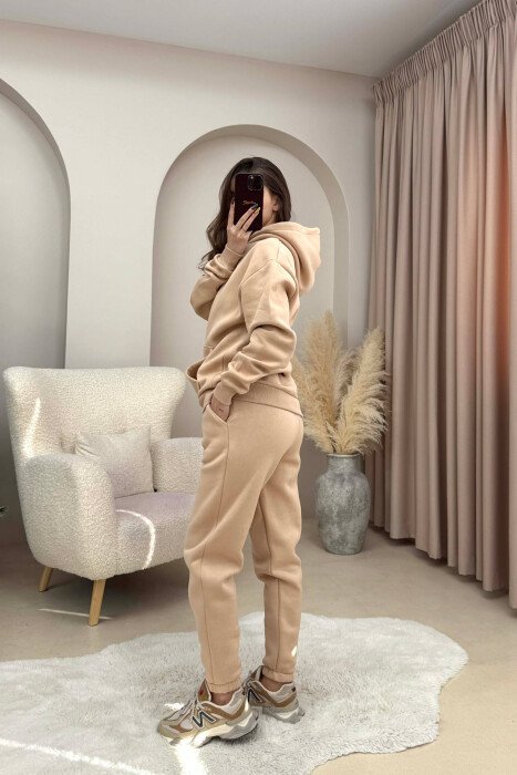 FLUFFY SIMPLE ONE COLOR HOODIE+JOGGERS WOMEN SET BEIGE/BEZHE - 2