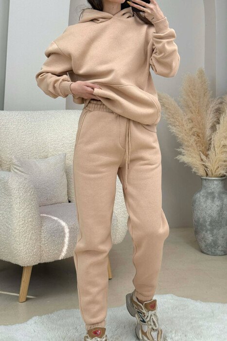FLUFFY SIMPLE ONE COLOR HOODIE+JOGGERS WOMEN SET BEIGE/BEZHE - 3