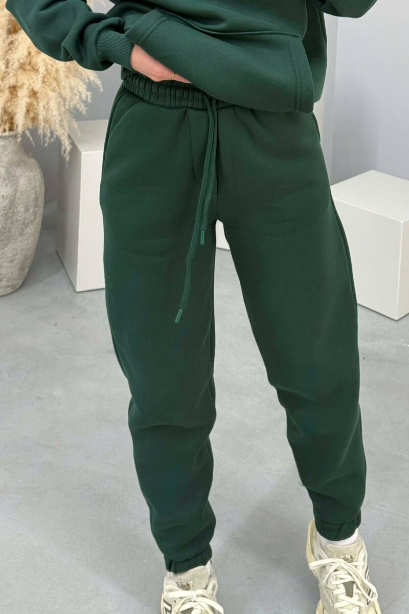 FLUFFY SIMPLE ONE COLOR HOODIE+JOGGERS WOMEN SET DARK GREEN/JEE - 3