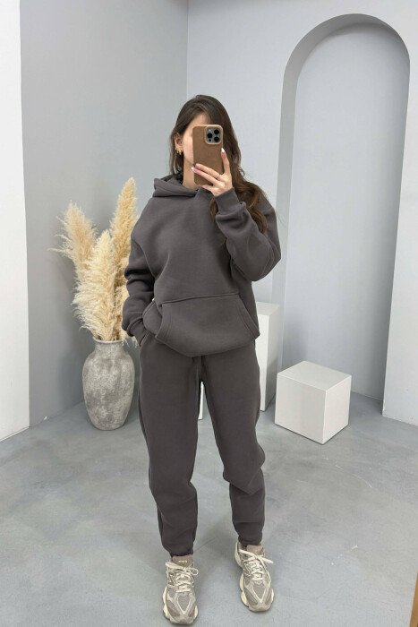FLUFFY SIMPLE ONE COLOR HOODIE+JOGGERS WOMEN SET DARK GREY/GEE - 1