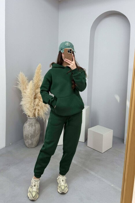 FLUFFY SIMPLE ONE COLOR HOODIE+JOGGERS WOMEN SET GREEN/JESHILE - 1