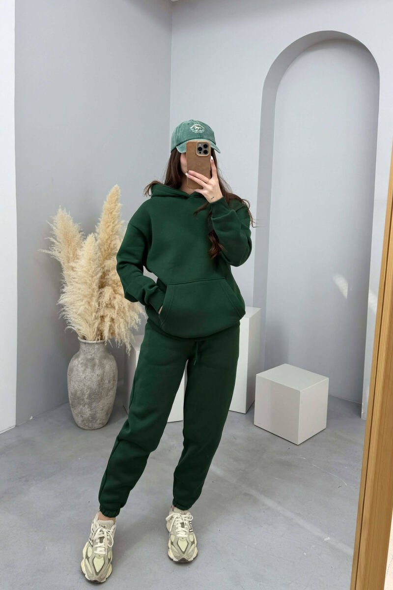 FLUFFY SIMPLE ONE COLOR HOODIE+JOGGERS WOMEN SET GREEN/JESHILE - 1