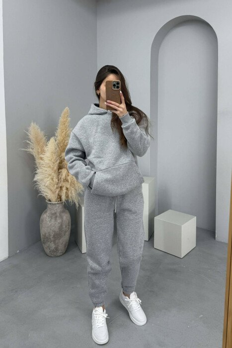 FLUFFY SIMPLE ONE COLOR HOODIE+JOGGERS WOMEN SET LIGHT GREY/GZ 
