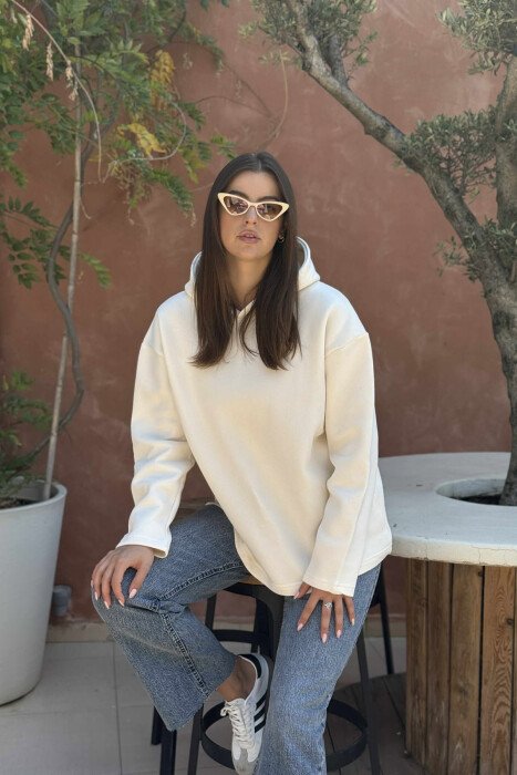 HOODIE E THJESHTË NJË NGJYRËSHE ME PUSH PËR FEMRA NË NGJYRËN KREM 