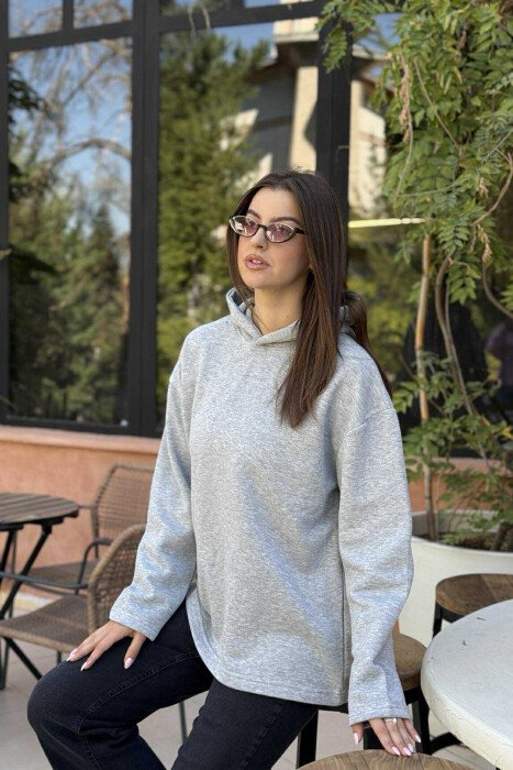 FLUFFY SIMPLE ONE COLOR WOMEN HOODIE LIGHT GREY/GZ - 2