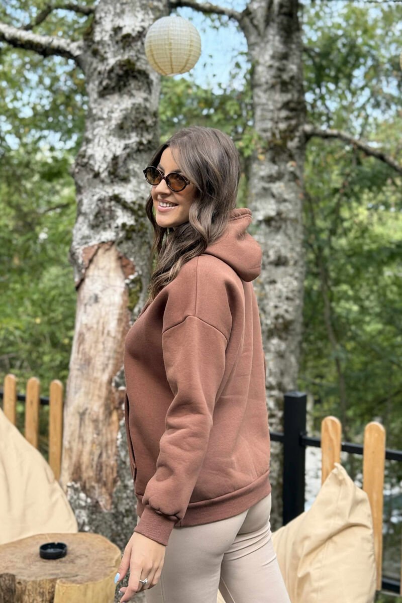 FLUFFY SIMPLE WRITTINGS ONE COLOR WOMEN HOODIE BROWN/KAFE - 5