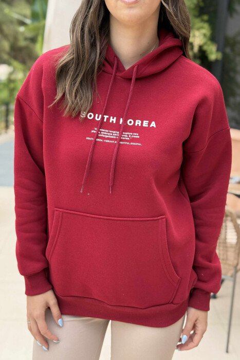 FLUFFY SIMPLE WRITTINGS ONE COLOR WOMEN HOODIE BURGUNDY/VISHNJE 