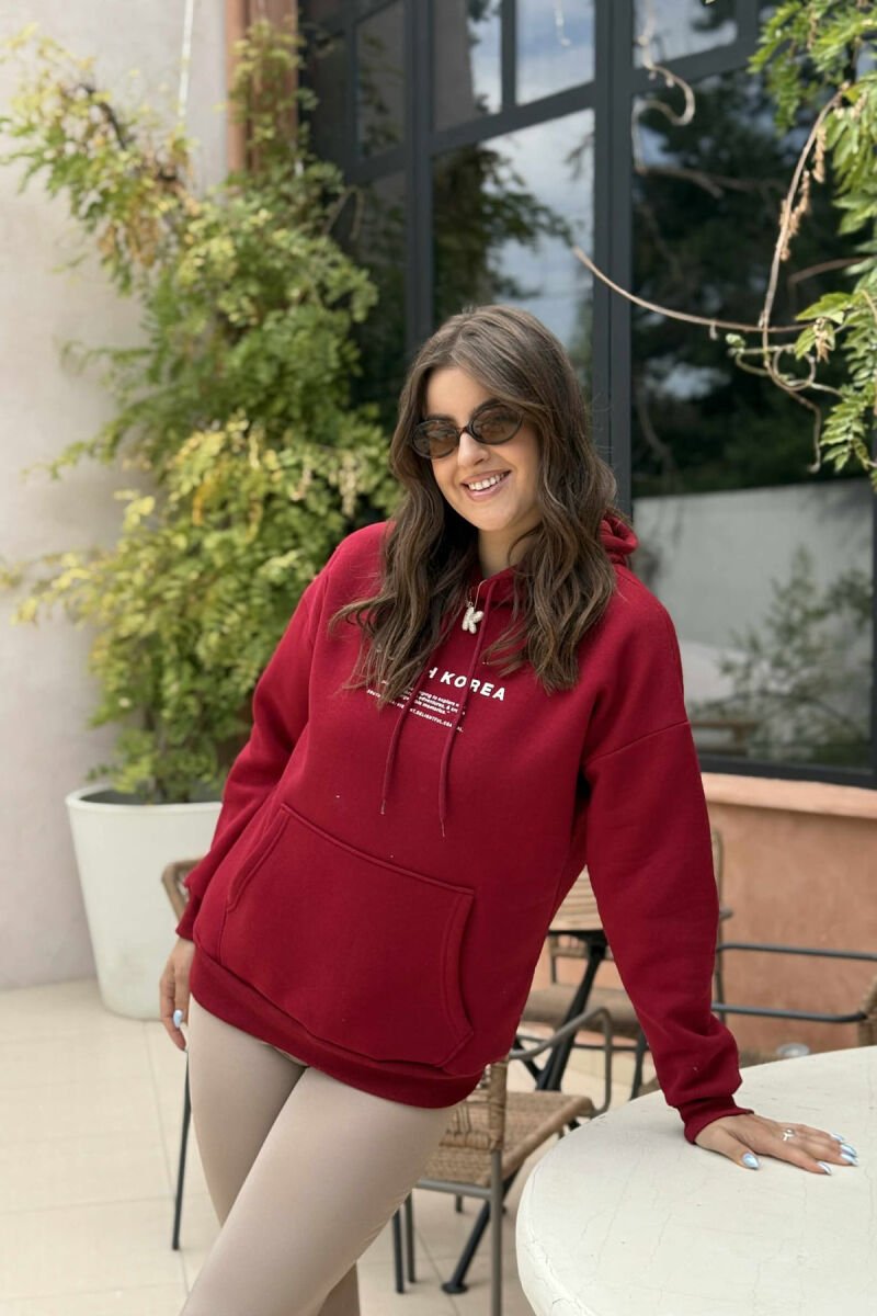 FLUFFY SIMPLE WRITTINGS ONE COLOR WOMEN HOODIE BURGUNDY/VISHNJE - 2
