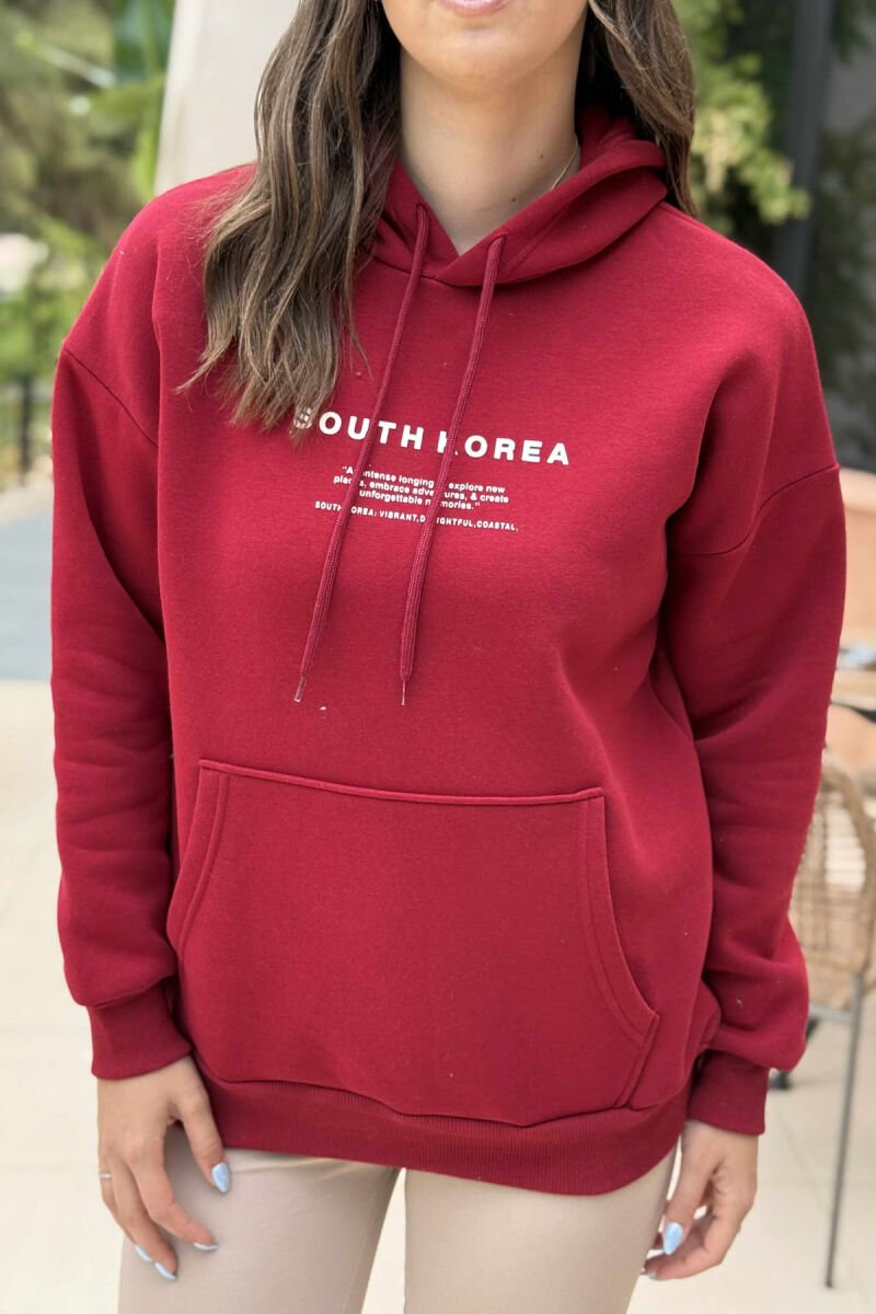 FLUFFY SIMPLE WRITTINGS ONE COLOR WOMEN HOODIE BURGUNDY/VISHNJE - 1