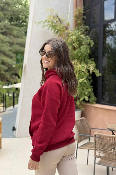 FLUFFY SIMPLE WRITTINGS ONE COLOR WOMEN HOODIE BURGUNDY/VISHNJE - 4