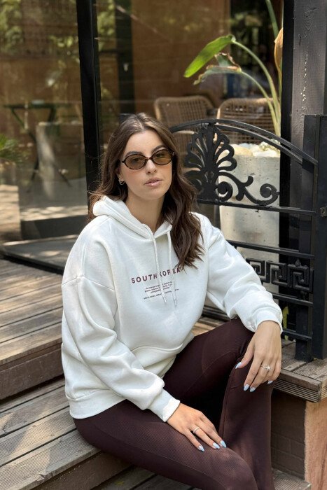 FLUFFY SIMPLE WRITTINGS ONE COLOR WOMEN HOODIE WHITE-E BARDHE - 4