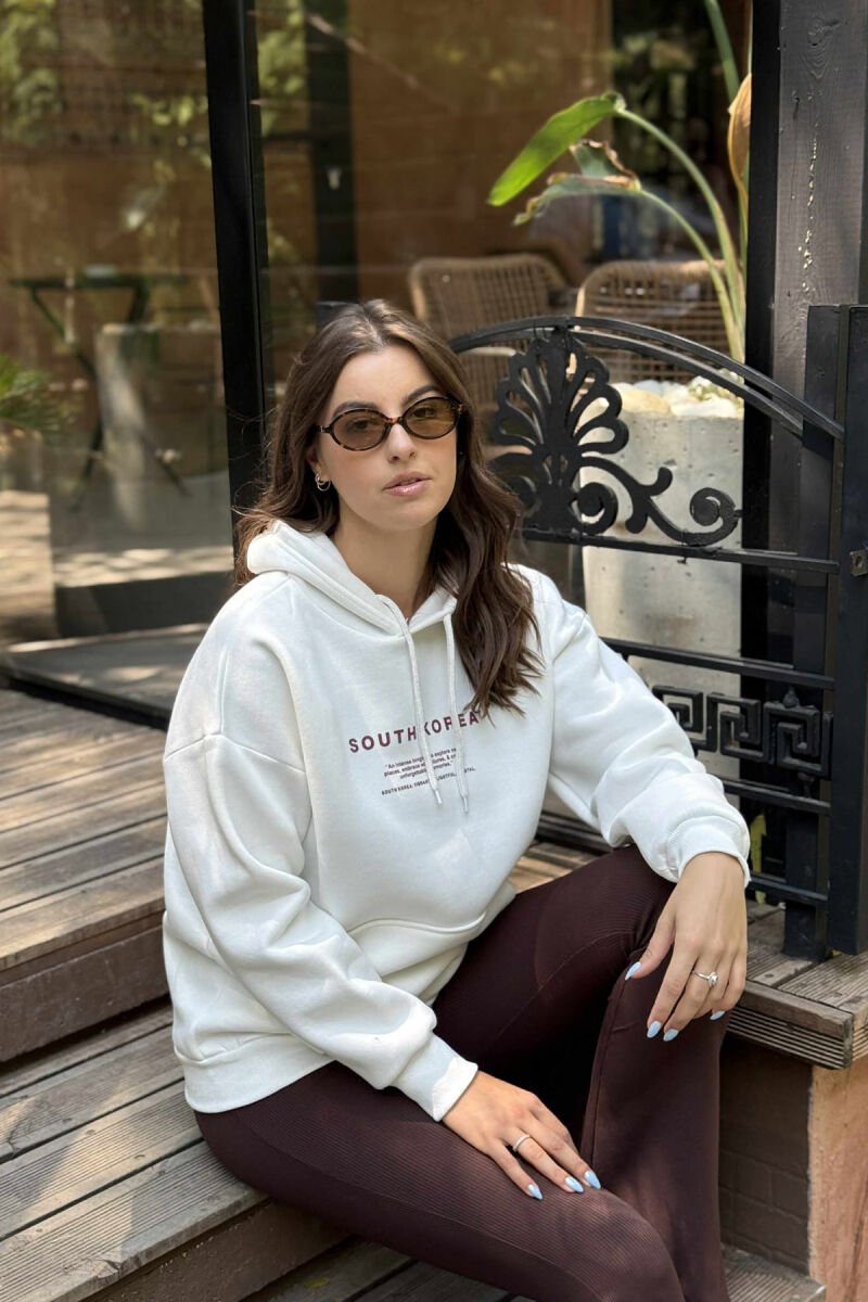 FLUFFY SIMPLE WRITTINGS ONE COLOR WOMEN HOODIE WHITE-E BARDHE - 4
