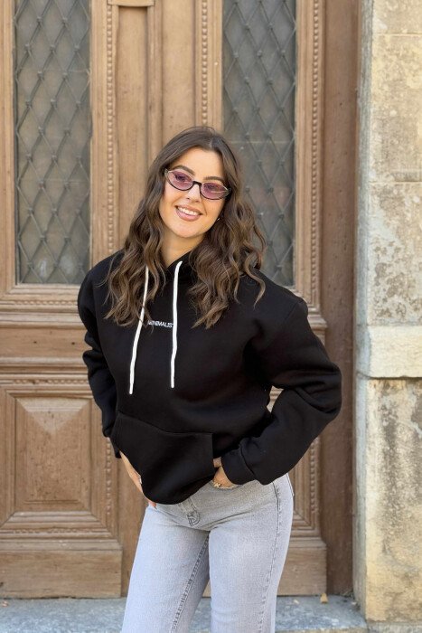 FLUFFY SMALL SIMPLE FRONT WRITTING WOMEN HOODIE BLACK/ E ZEZE - 3