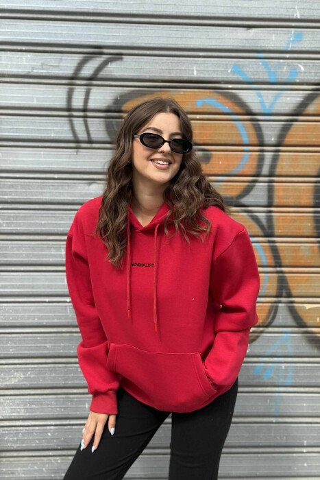 FLUFFY SMALL SIMPLE FRONT WRITTING WOMEN HOODIE RED/E KUQE - 2