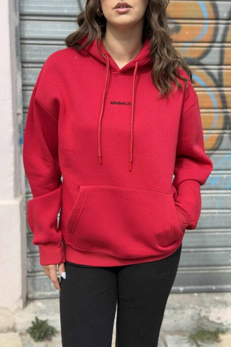 FLUFFY SMALL SIMPLE FRONT WRITTING WOMEN HOODIE RED/E KUQE - 4