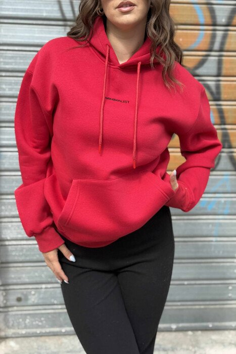 FLUFFY SMALL SIMPLE FRONT WRITTING WOMEN HOODIE RED/E KUQE - 5
