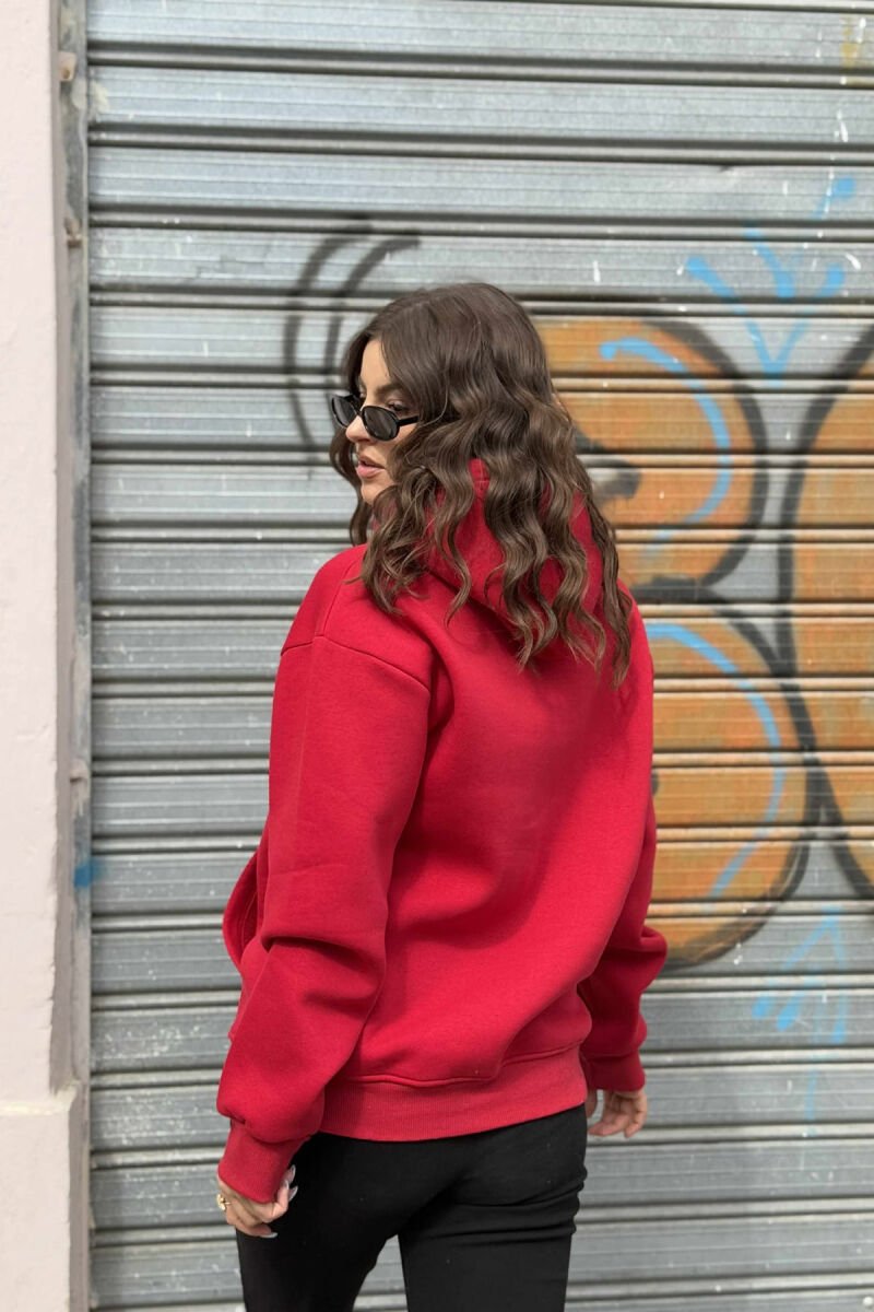 FLUFFY SMALL SIMPLE FRONT WRITTING WOMEN HOODIE RED/E KUQE - 3