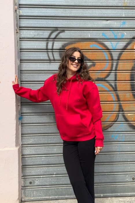 FLUFFY SMALL SIMPLE FRONT WRITTING WOMEN HOODIE RED/E KUQE - 1