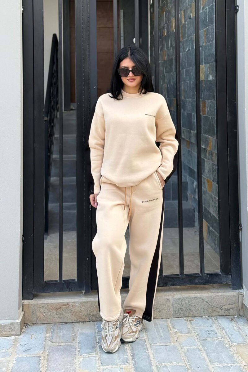 FLUFFY SMALL WRITTINGS SWEATSHIRT+ SWEATPANTS WOMEN SET BEIGE/BEZHE - 1