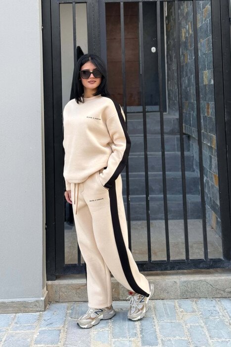 FLUFFY SMALL WRITTINGS SWEATSHIRT+ SWEATPANTS WOMEN SET BEIGE/BEZHE - 3