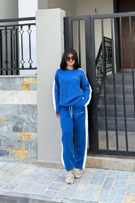 FLUFFY SMALL WRITTINGS SWEATSHIRT+ SWEATPANTS WOMEN SET BLUE/BLU - KLAUDIO FASHION