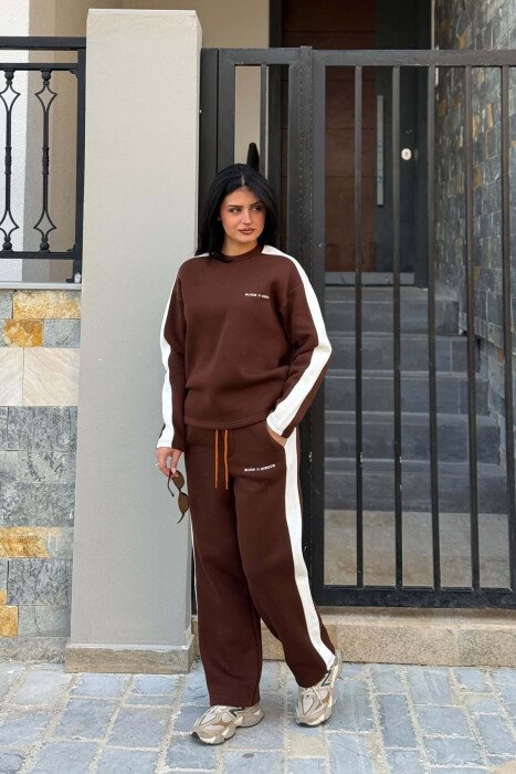FLUFFY SMALL WRITTINGS SWEATSHIRT+ SWEATPANTS WOMEN SET BROWN/KAFE - 4