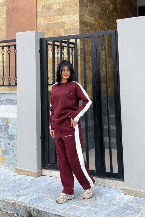 FLUFFY SMALL WRITTINGS SWEATSHIRT+ SWEATPANTS WOMEN SET BURGUNDY/VISHNJE - 3