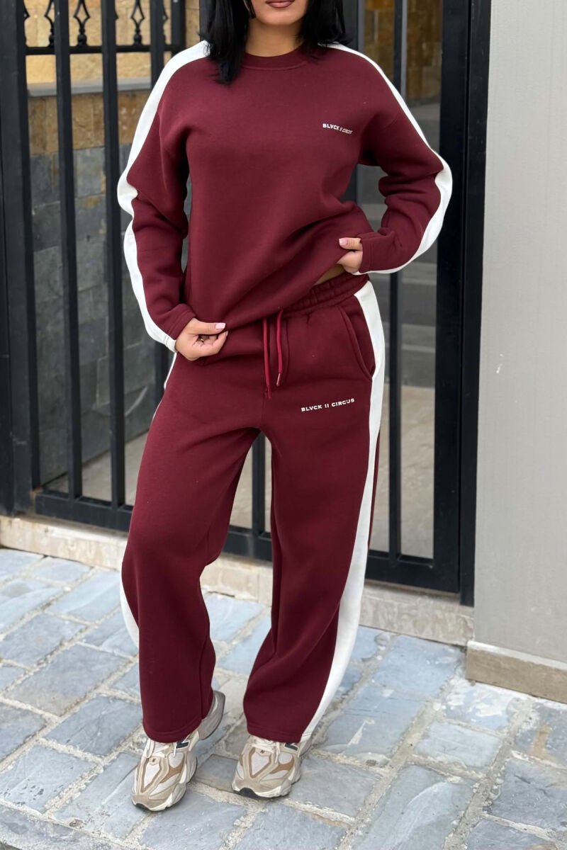 FLUFFY SMALL WRITTINGS SWEATSHIRT+ SWEATPANTS WOMEN SET BURGUNDY/VISHNJE - 4