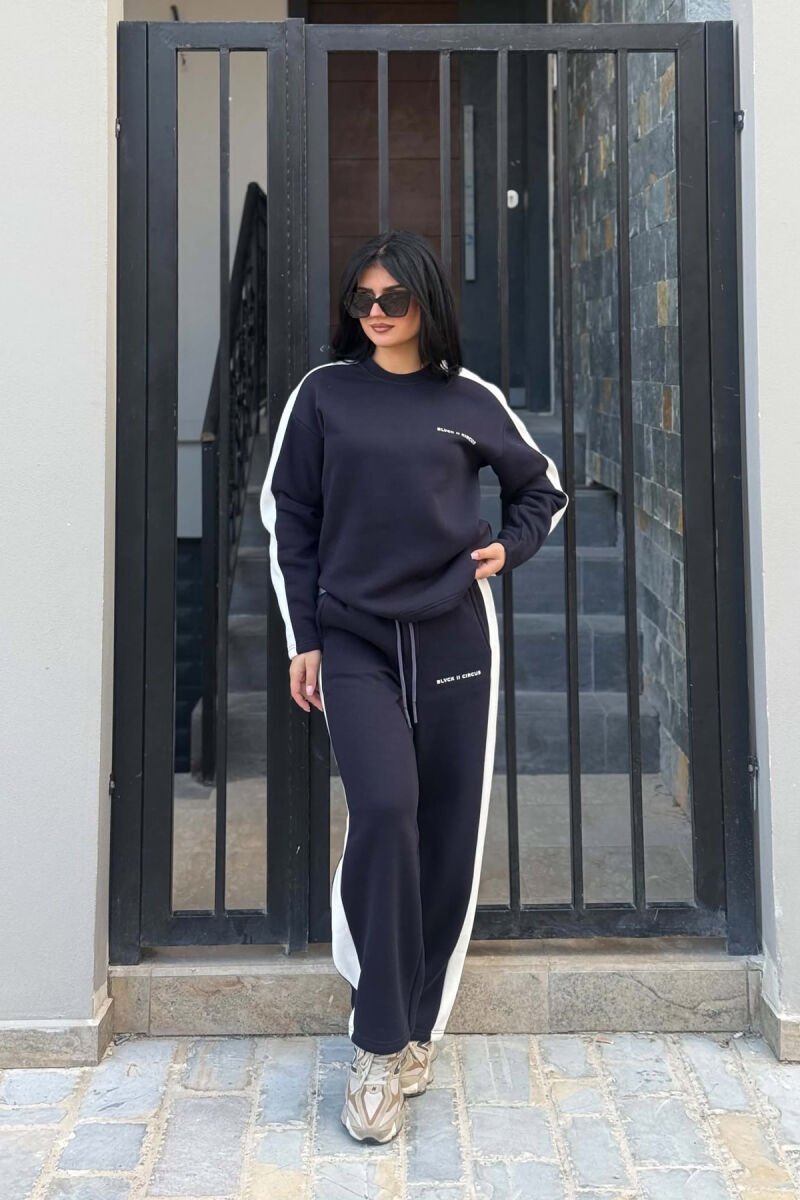 FLUFFY SMALL WRITTINGS SWEATSHIRT+ SWEATPANTS WOMEN SET DARK BLUE/BEE - 1
