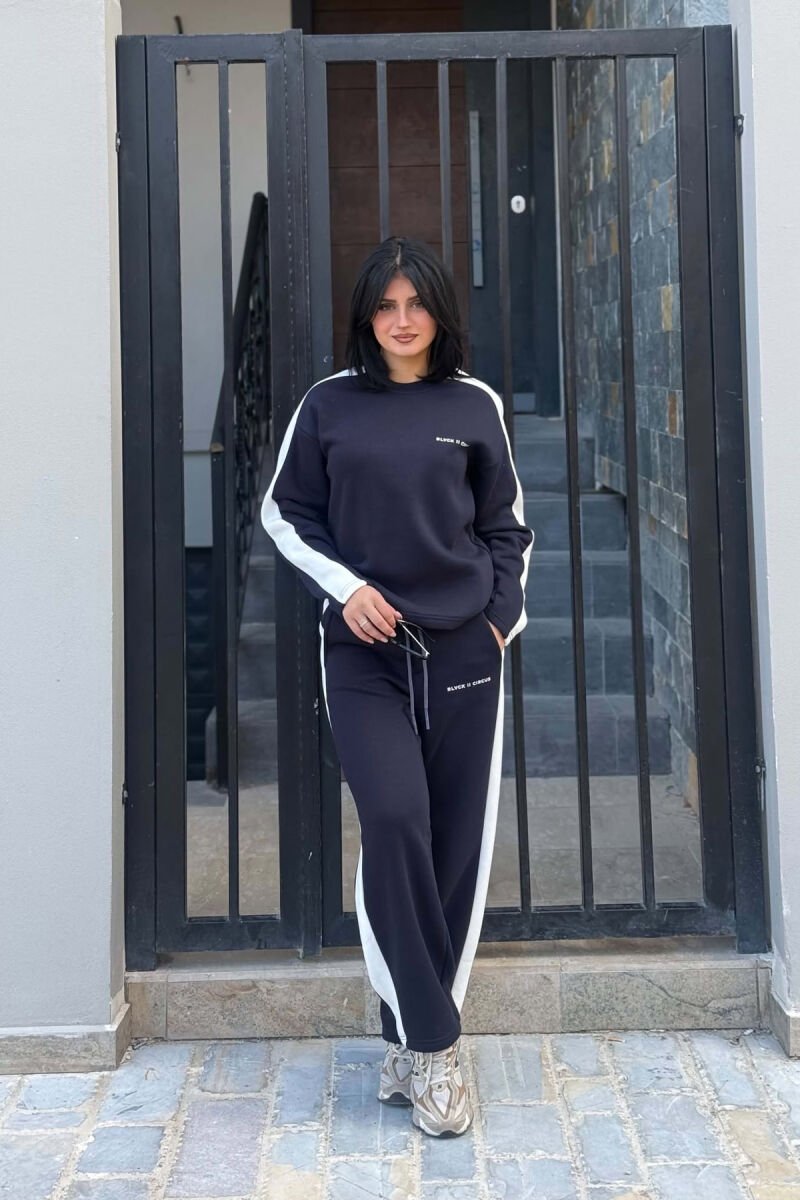 FLUFFY SMALL WRITTINGS SWEATSHIRT+ SWEATPANTS WOMEN SET DARK BLUE/BEE - 2