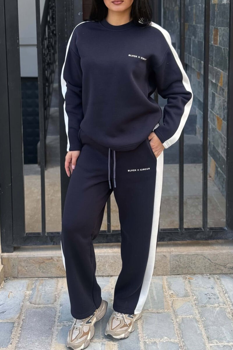 FLUFFY SMALL WRITTINGS SWEATSHIRT+ SWEATPANTS WOMEN SET DARK BLUE/BEE - 3
