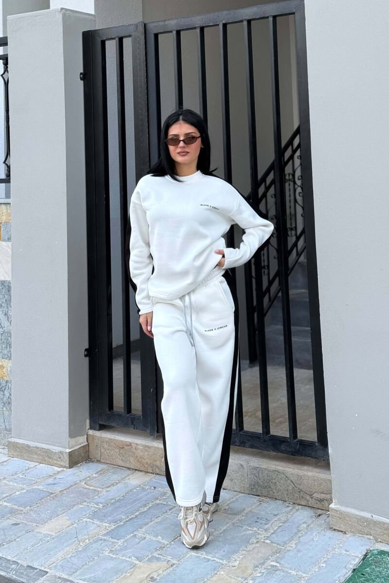 FLUFFY SMALL WRITTINGS SWEATSHIRT+ SWEATPANTS WOMEN SET WHITE-E BARDHE - 1