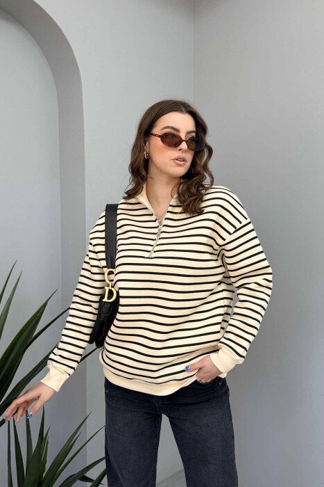 FLUFFY STRIPE ZIPPER NECK WOMEN SWEATSHIRT CREAM+BLACK/KREM+ZEZE - KLAUDIO FASHION