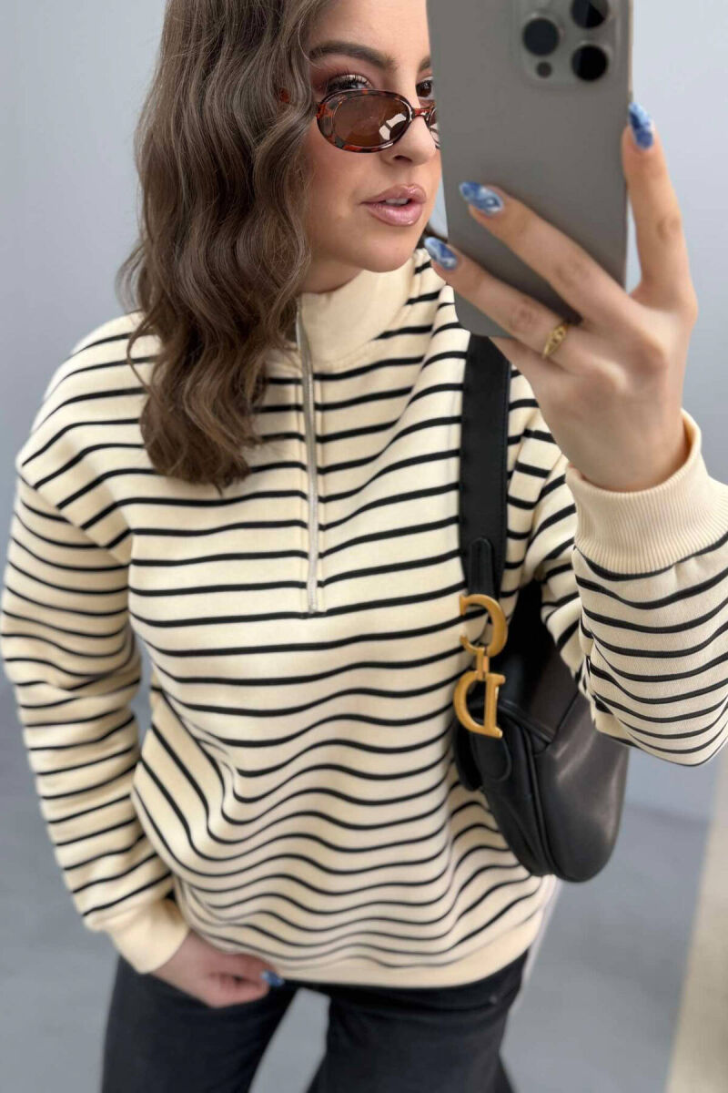 FLUFFY STRIPE ZIPPER NECK WOMEN SWEATSHIRT CREAM+BLACK/KREM+ZEZE - 3