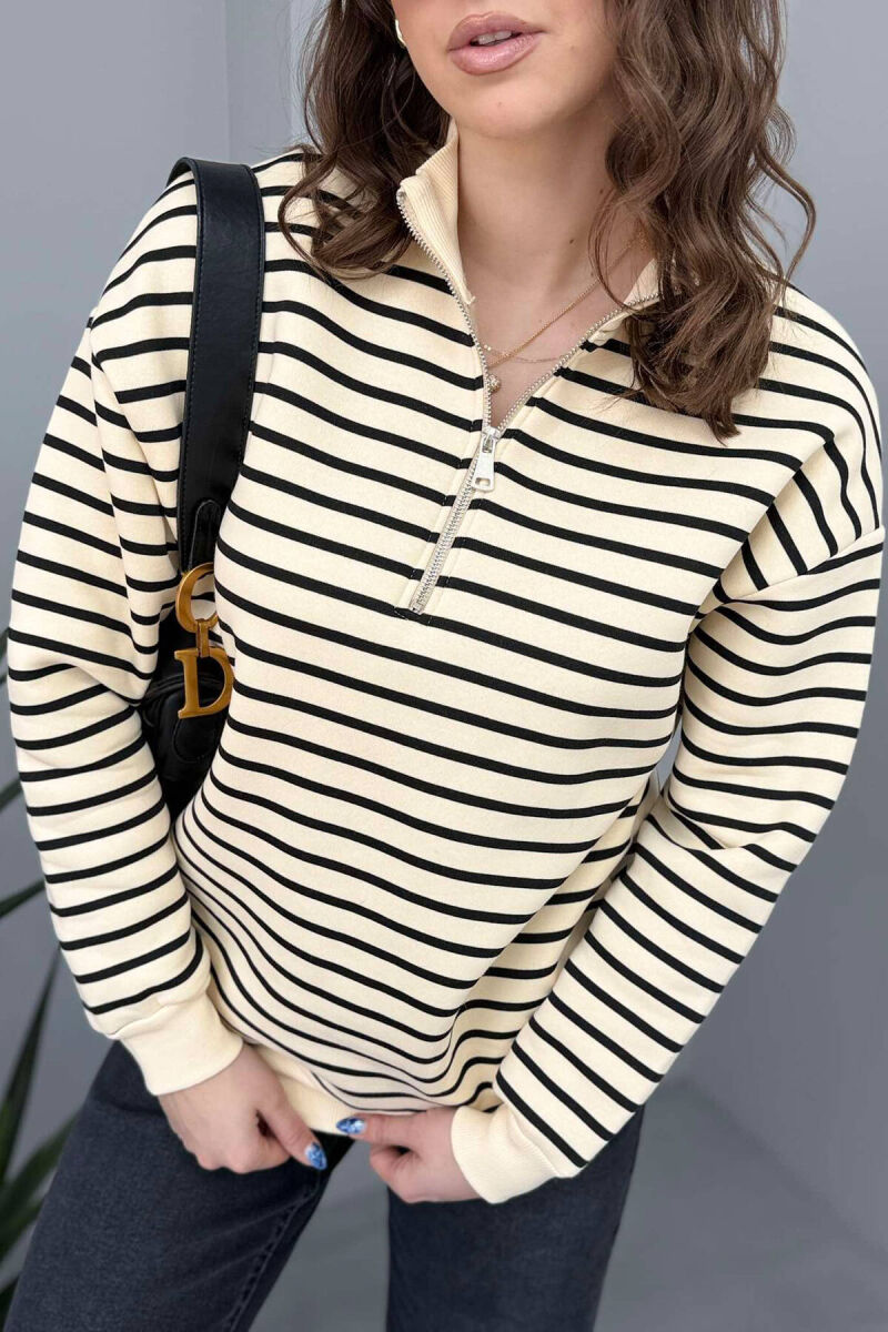 FLUFFY STRIPE ZIPPER NECK WOMEN SWEATSHIRT CREAM+BLACK/KREM+ZEZE - 4