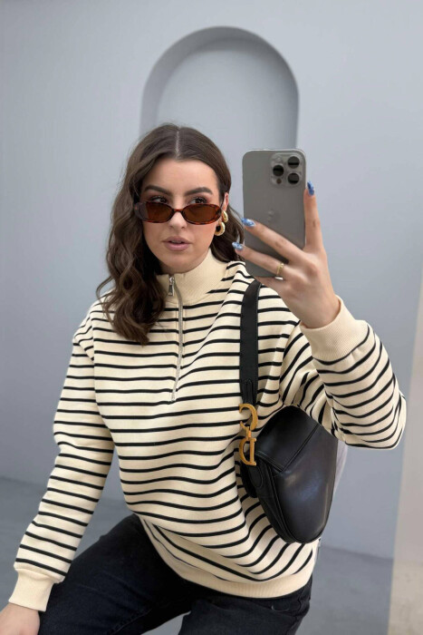 FLUFFY STRIPE ZIPPER NECK WOMEN SWEATSHIRT CREAM+BLACK/KREM+ZEZE - 6