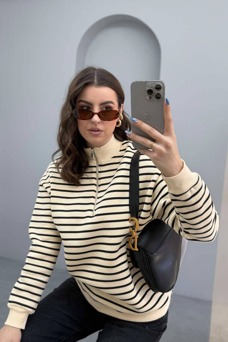FLUFFY STRIPE ZIPPER NECK WOMEN SWEATSHIRT CREAM+BLACK/KREM+ZEZE - 6