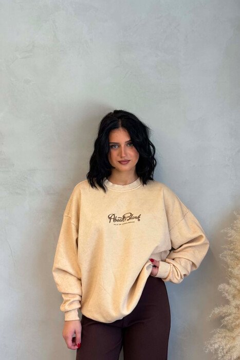 FLUFFY WRITTINGS WOMAN SWEATSHIRT BEIGE/BEZHE - KLAUDIO FASHION