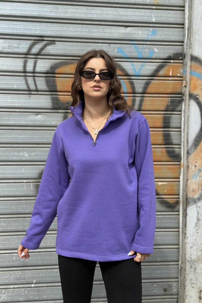 FLUFFY ZIPPER NECK ONE COLOR WOMEN SWEATSHIRT PURPLE/LEJLA - 1