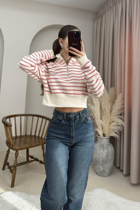 FLUFFY ZIPPER NECK STRIPE WOMEN SWEATSHIRT CREAM/KREM - KLAUDIO FASHION