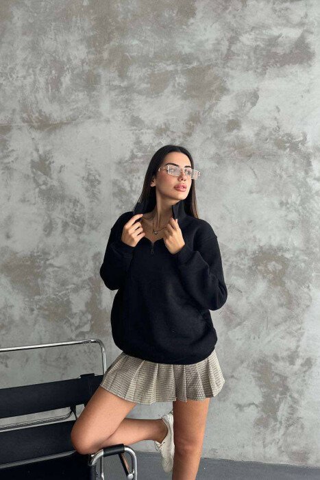 FLUFFY ZIPPER NECK WOMEN SWEATSHIRT BLACK/ E ZEZE - KLAUDIO FASHION